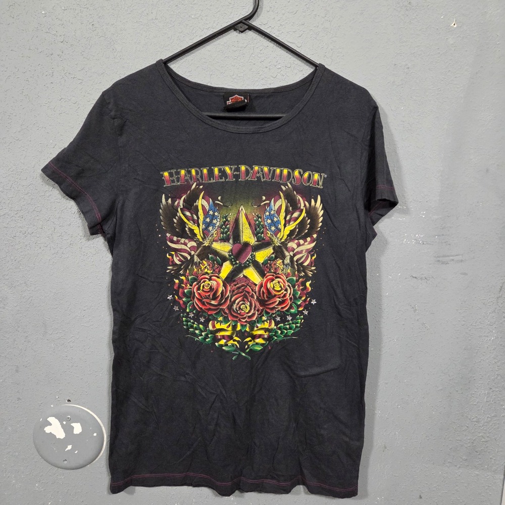 Vintage Harley Davidson Roswell Eagle Rose rhinestone baby tee shirt Womens L